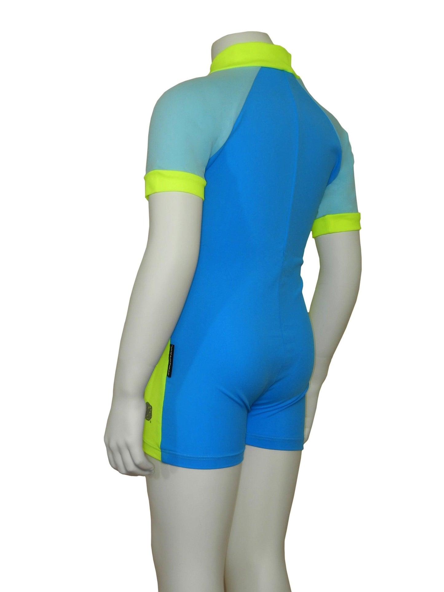 Back view of the best aqua yellow and azure Stingray Girls' Active Sunsuit UPF 50+ in three-tone design. This swim suit comes with a front zip for comport and full-body coverage for maximum sun protection.