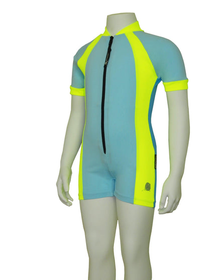 Best aqua yellow and azure Stingray Girls' Active Sunsuit UPF 50+ in three-tone design. This swim suit comes with a front zip for comport and full-body coverage for maximum sun protection.