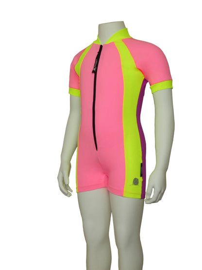 Best pink and yellow Stingray Girls' Active Sunsuit UPF 50+ in three-tone design. This swim suit comes with a front zip for comport and full-body coverage for maximum sun protection.