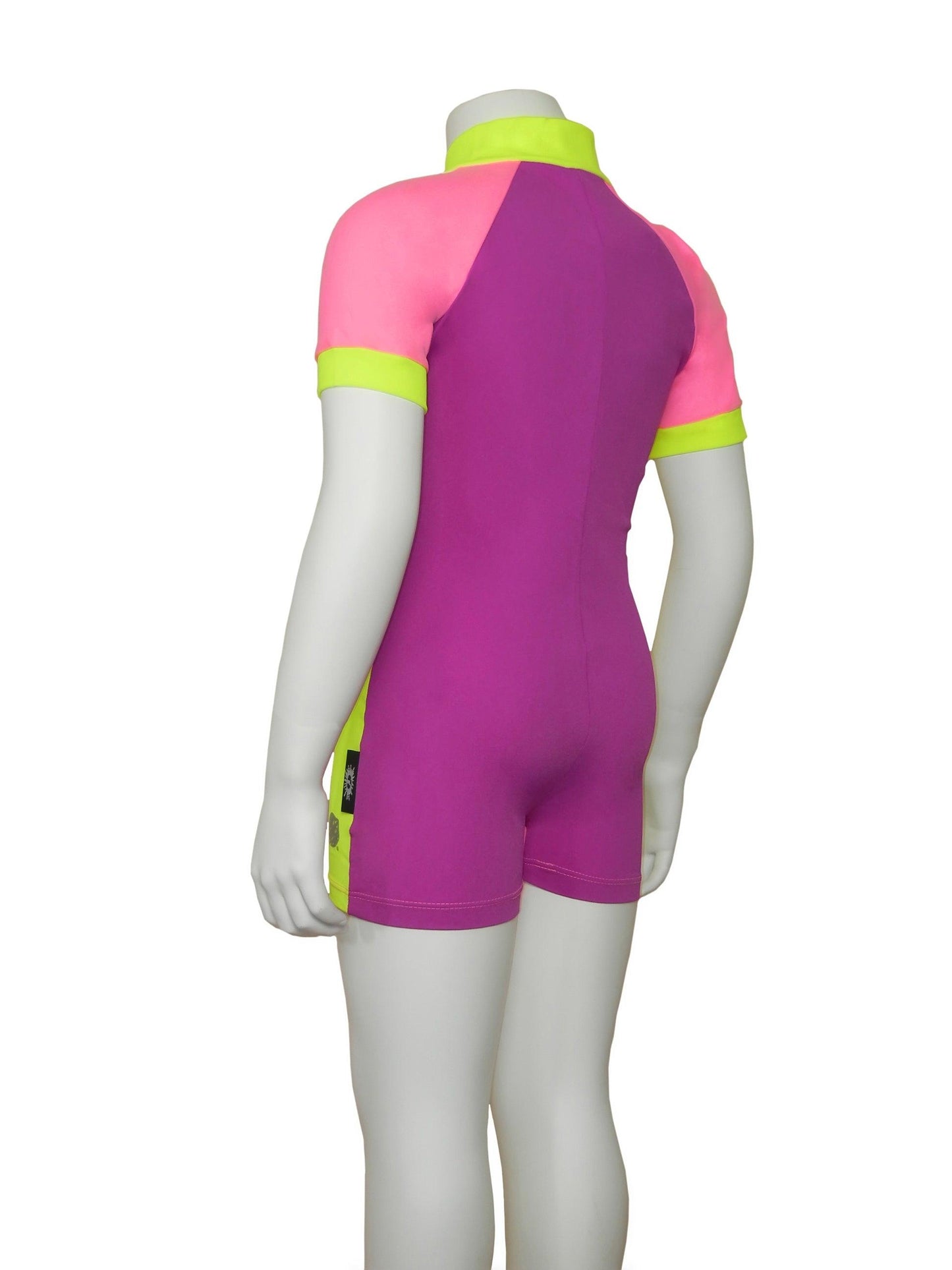 Back view of the best pink and yellow and purple Stingray Girls' Active Sunsuit UPF 50+ in three-tone design. This swim suit comes with a front zip for comport and full-body coverage for maximum sun protection.