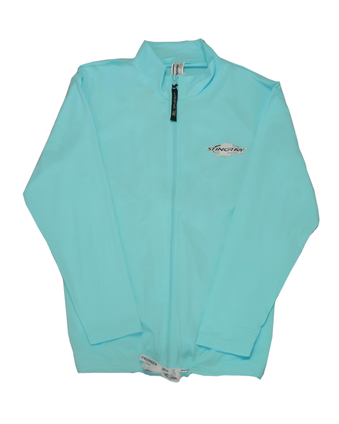 Flat lay of Stingray aqua UPF 50+ long sleeve jacket in aqua for women