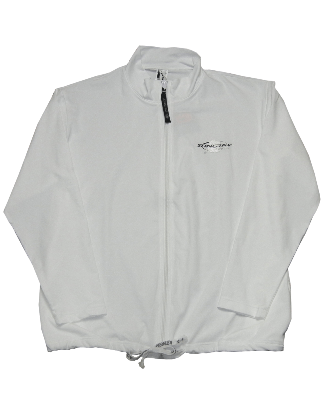 Flat lay of Stingray aqua UPF 50+ long sleeve jacket in white for women