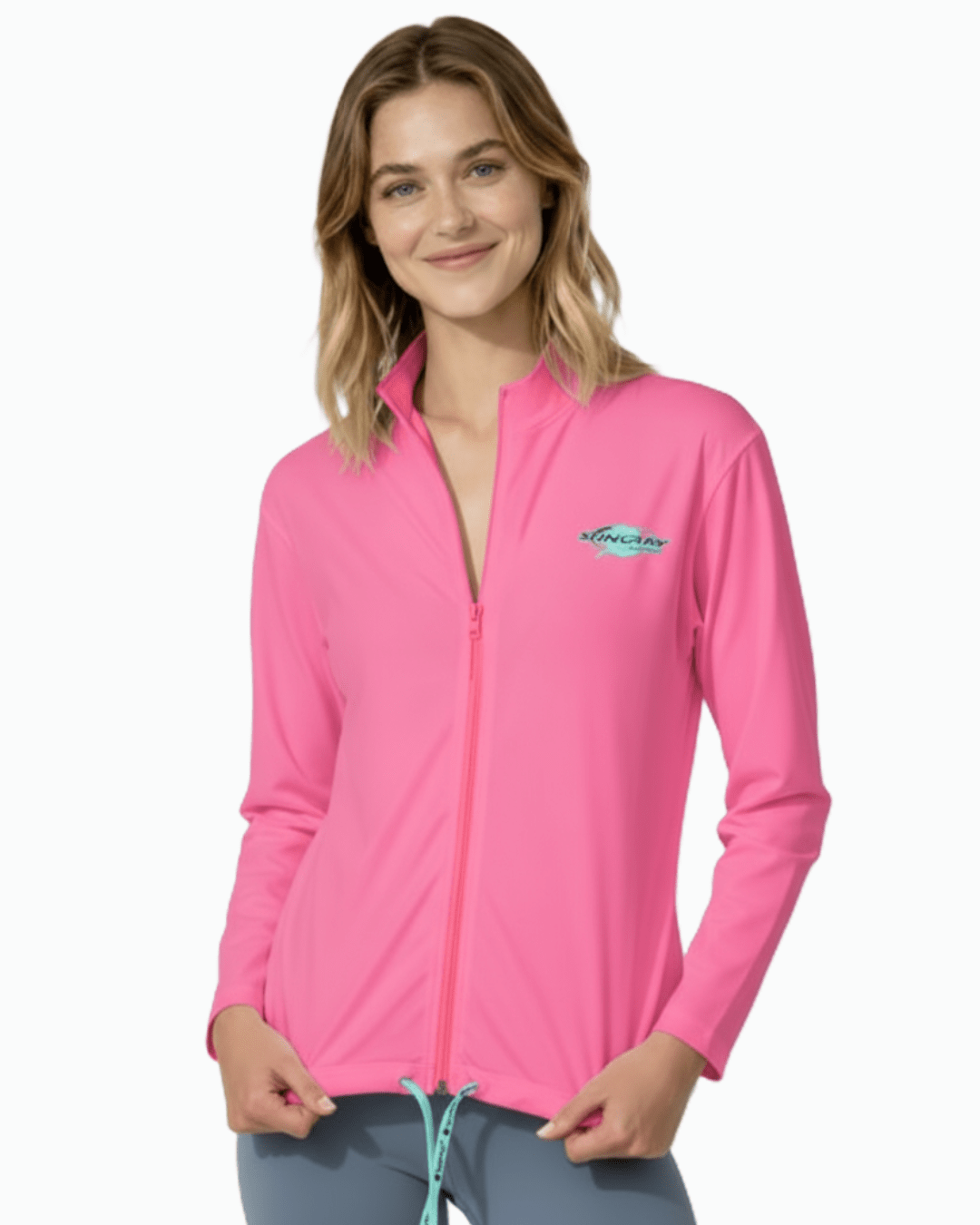 Woman wearing the pink sun safe long sleeve jacket, made from UPF 50+ fabric