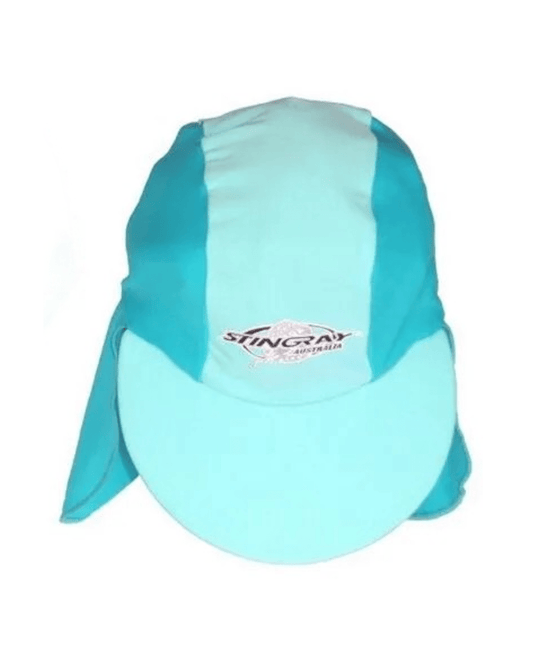 Flat lay of a baby and toddler turquoise UV swim cap with neck flap and a 'Stingray' logo on a white background