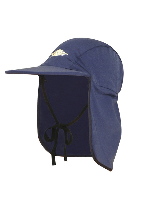 Stingray navy Legionnaire-style sun hat with neck flap, UPF 50+ chlorine-resistant fabric, designed for outdoor and water activities.