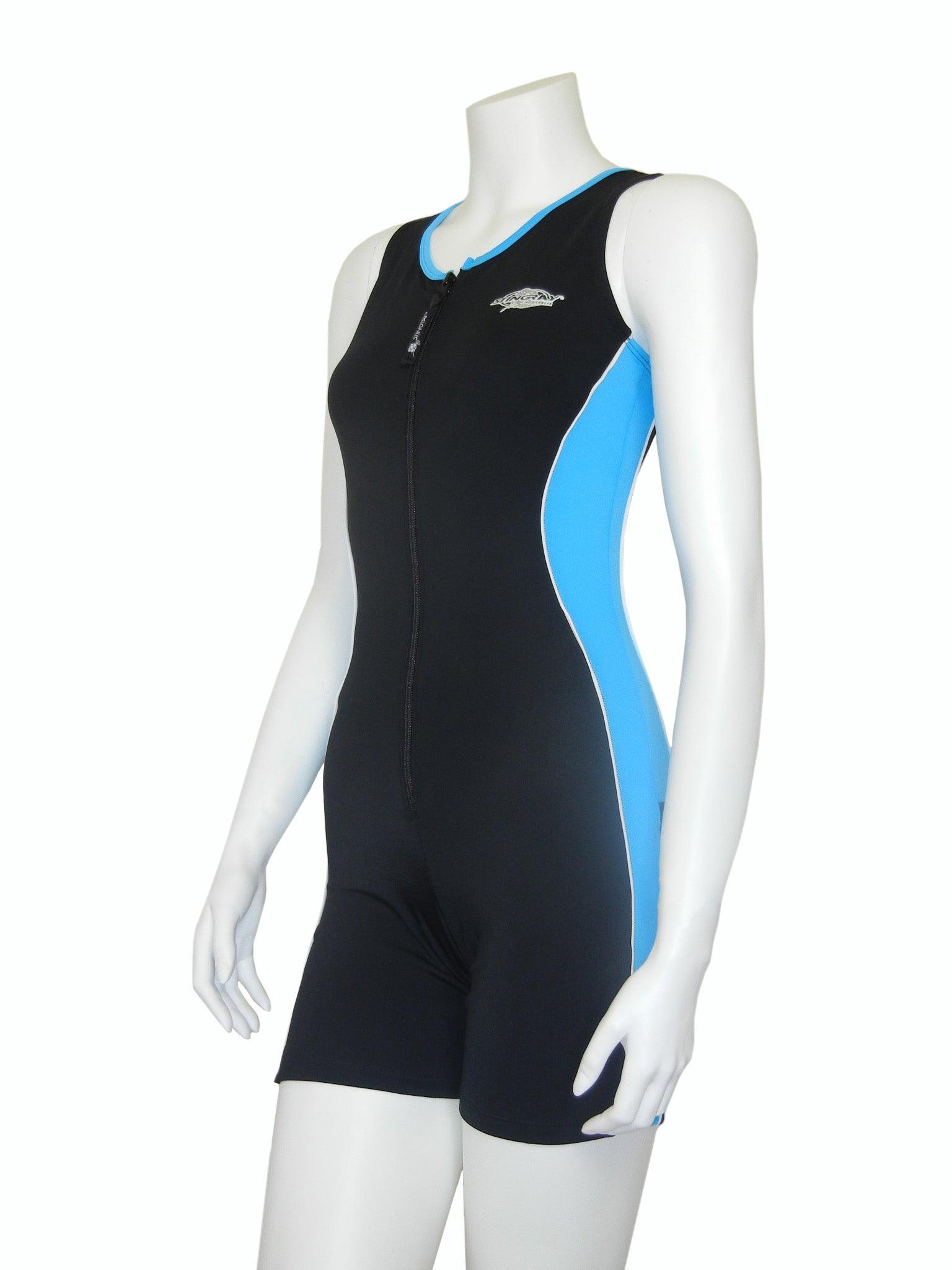 Black and azure Stingray Women's Active Sunsuit, a sleeveless design with a front zip, offering UPF 50+ sun protection and full coverage.