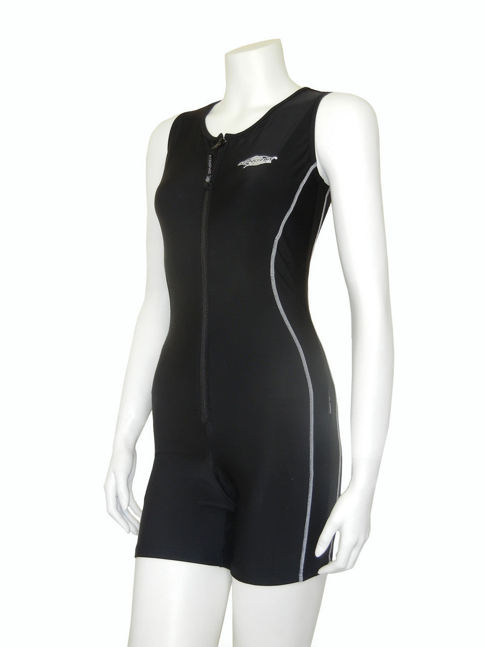 Black Stingray Women's Active Sunsuit, a sleeveless design with a front zip, offering UPF 50+ sun protection and full coverage.