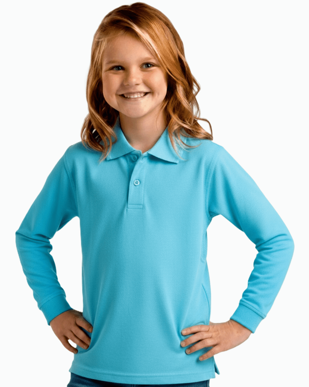 Young girl wearing a blue long-sleeve UPF 50+ polo shirt on a white background