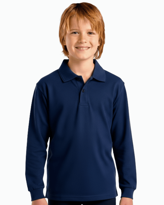 Boy wearing a navy long-sleeve UPF 50+ polo shirt on a white background