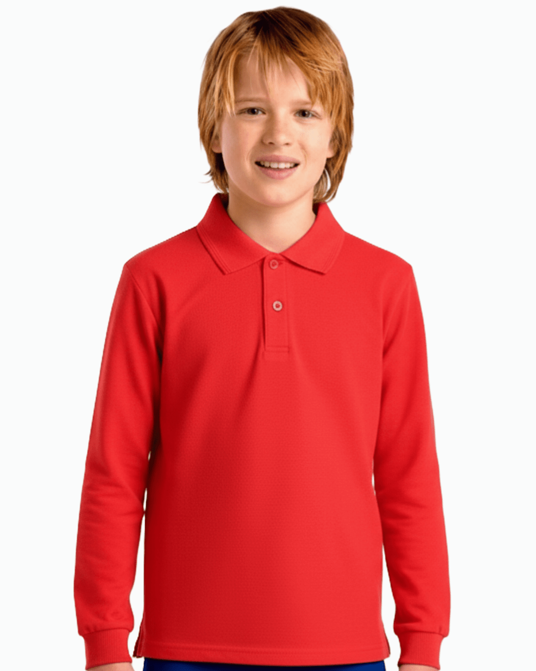 Boy wearing a red long-sleeve UPF 50+ polo shirt on a white background