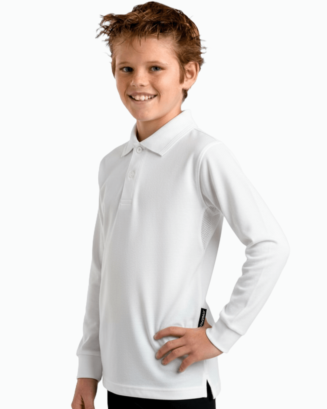 Boy wearing a white long-sleeve UPF 50+ polo shirt on a white background