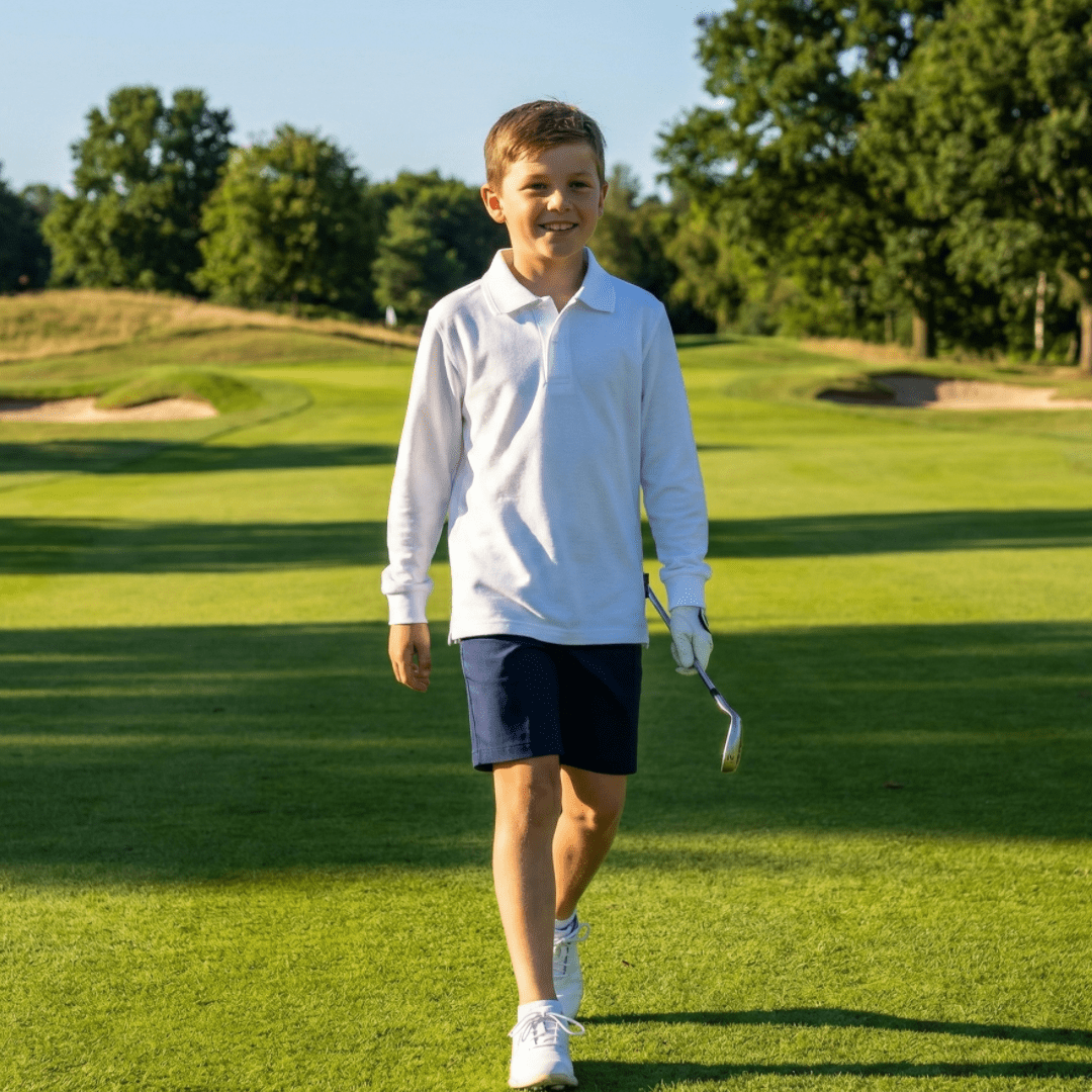 Boy wearing long sleeve sun protection polo shirt on the golf course