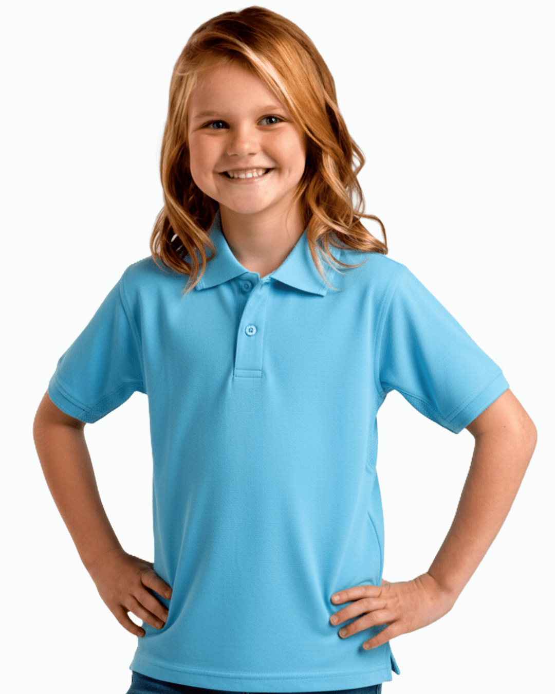 Young girl wearing a light blue UPF 50+ polo shirt on a white background