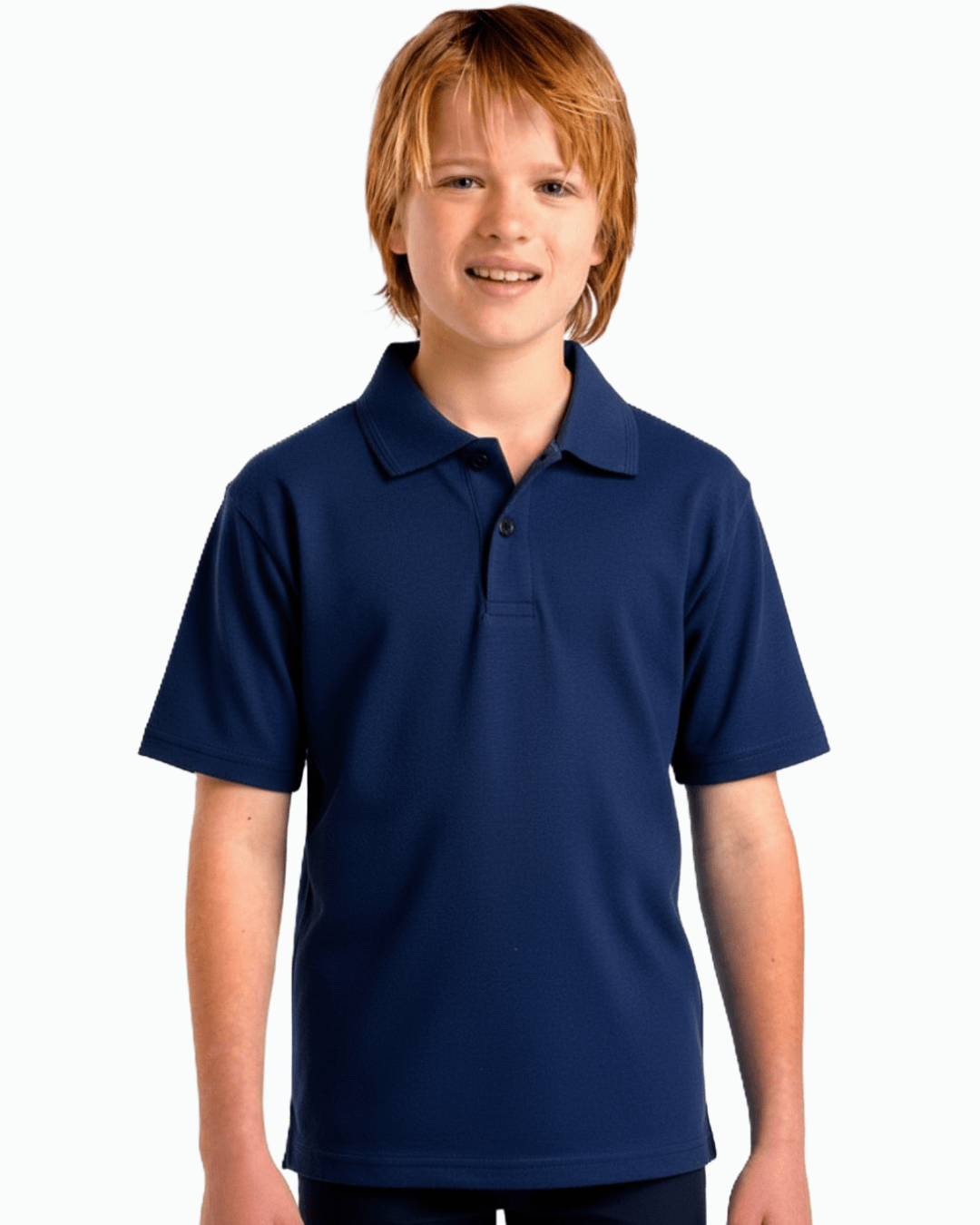 Boy wearing a navy blue UPF 50+ short sleeve polo shirt on a white background