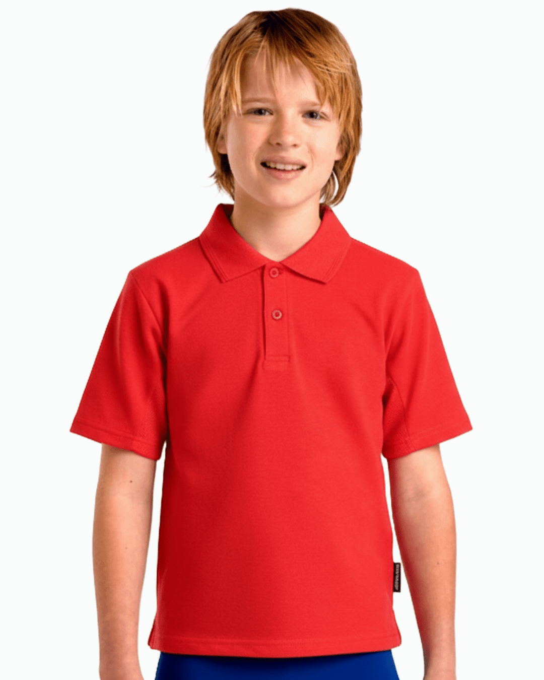Boy wearing a red UPF 50+ polo shirt on a white background