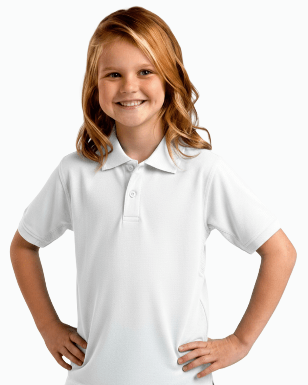 Young girl wearing a white UPF 50+ polo shirt on a white background