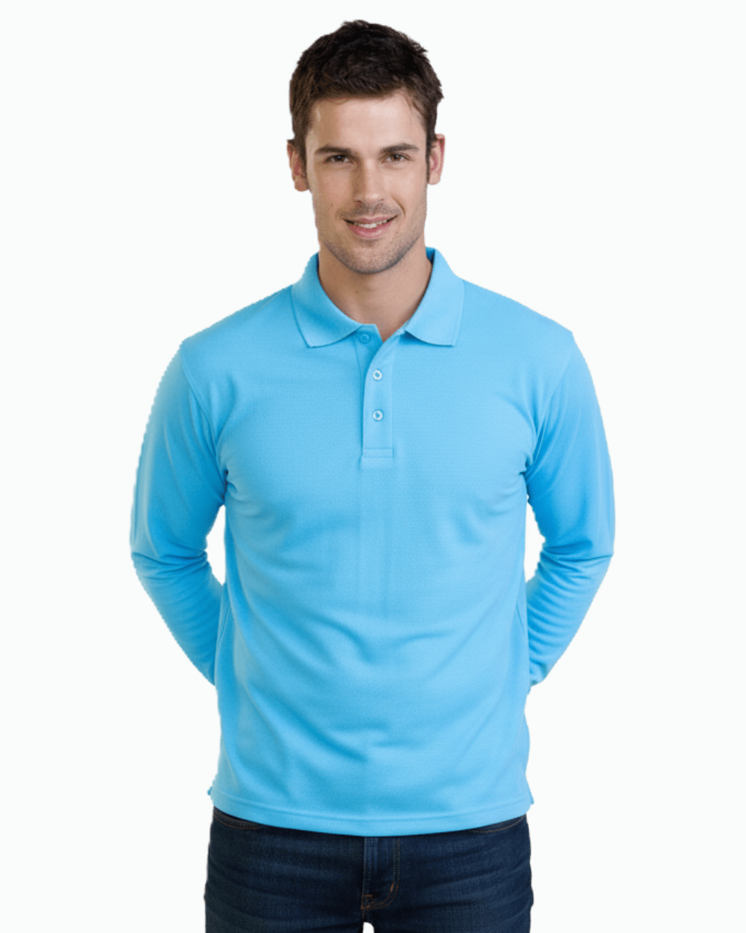 Man wearing long sleeve UPF 50+ polo shirt in light blue