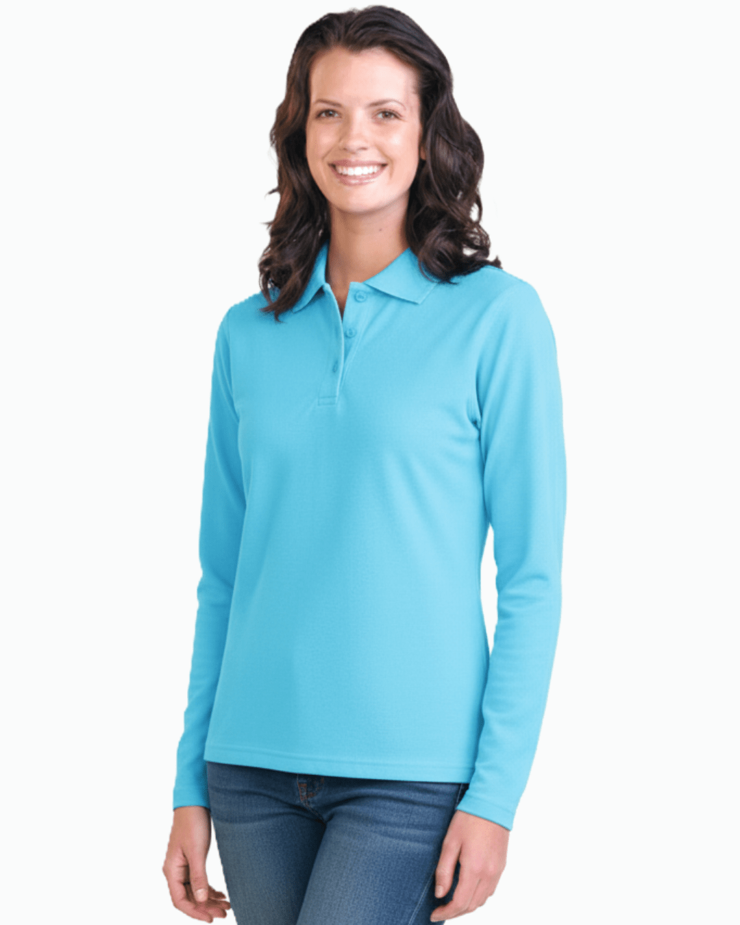 Woman wearing long sleeve UPF 50+ polo shirt in light blue