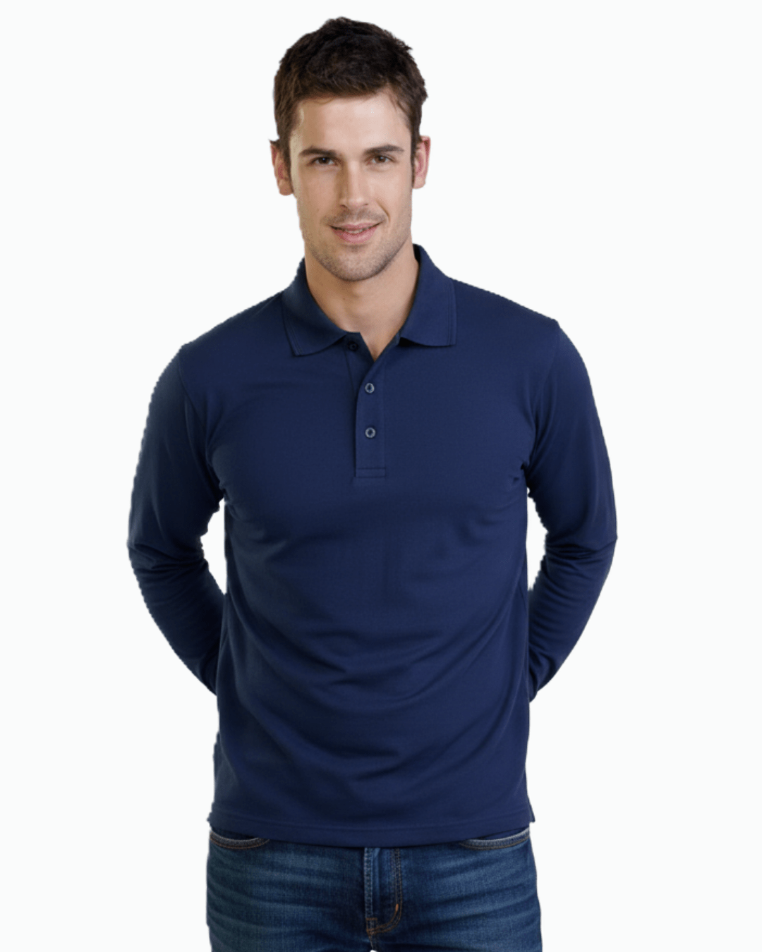 Man wearing long sleeve sun protection polo shirt in navy blue