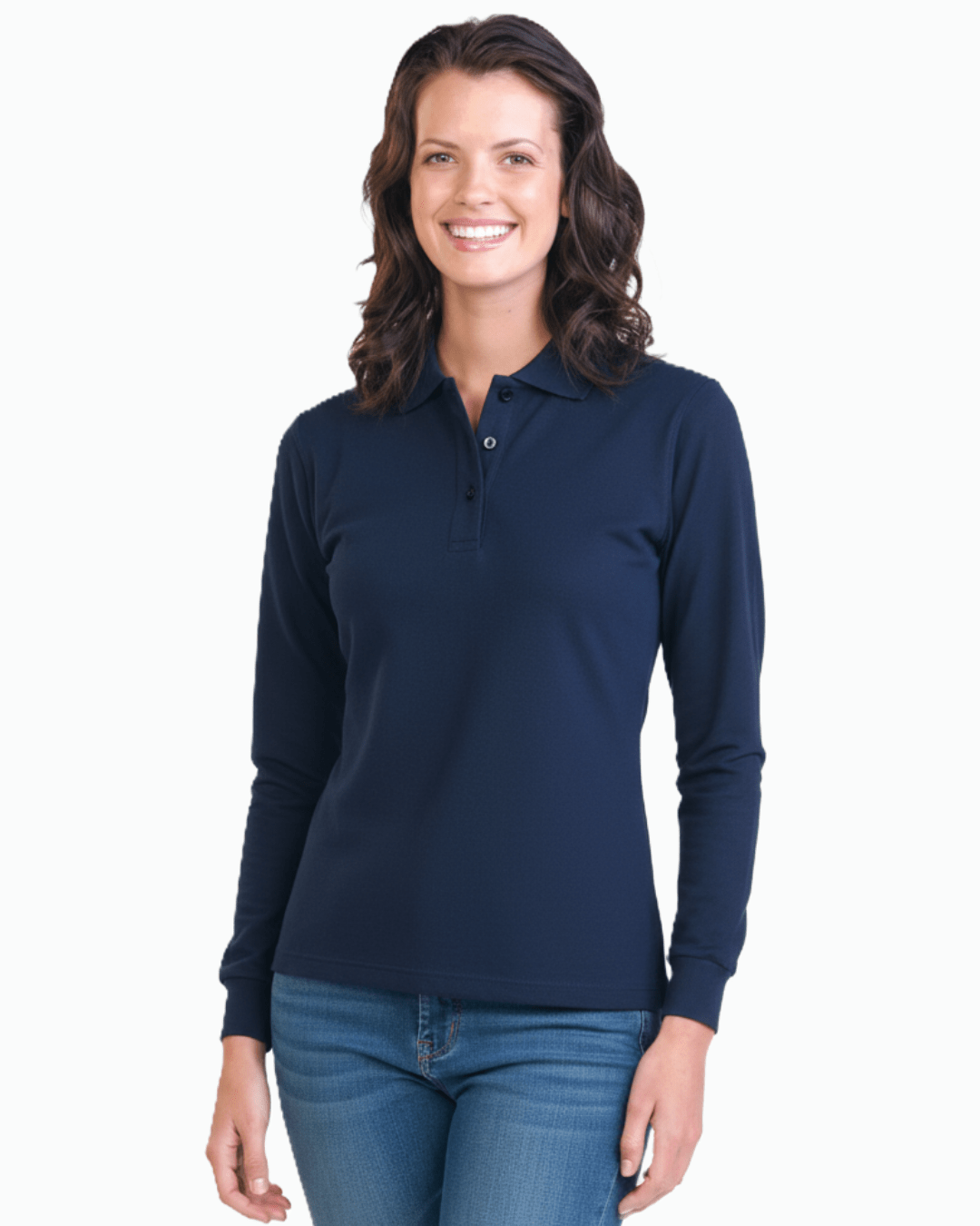 Woman wearing long sleeve sun protection polo shirt in navy blue
