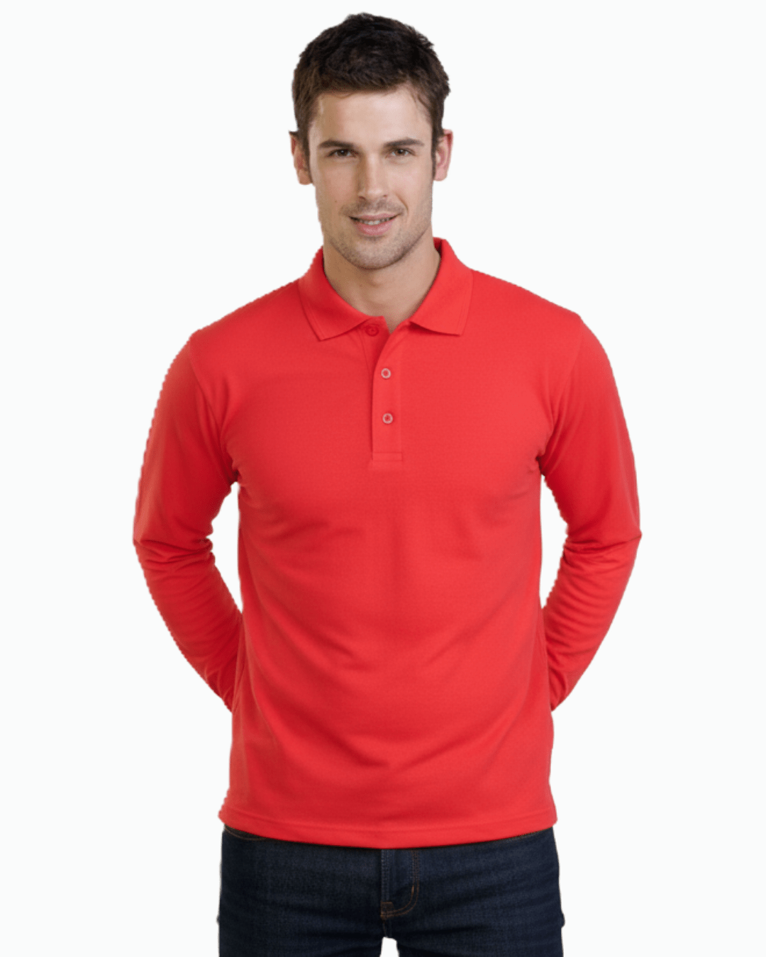 Man wearing long sleeve UPF 50+ polo shirt in red