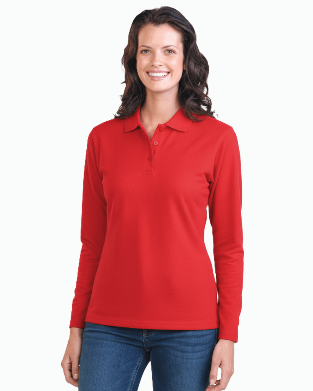 Woman wearing long sleeve UV polo shirt in red