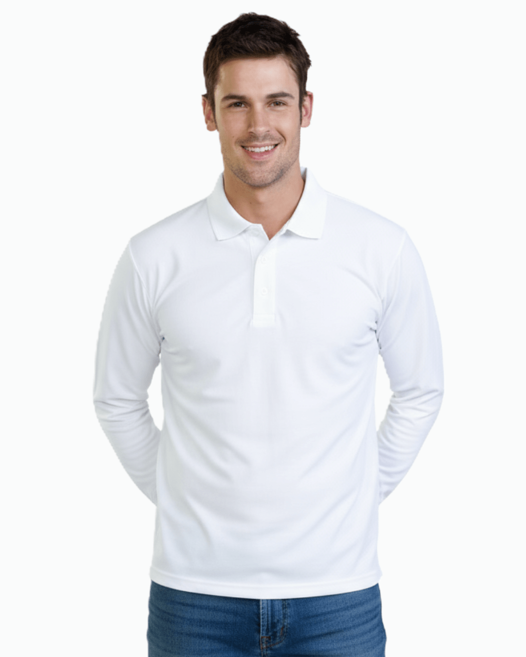 Man wearing long sleeve UPF 50+ polo shirt in white