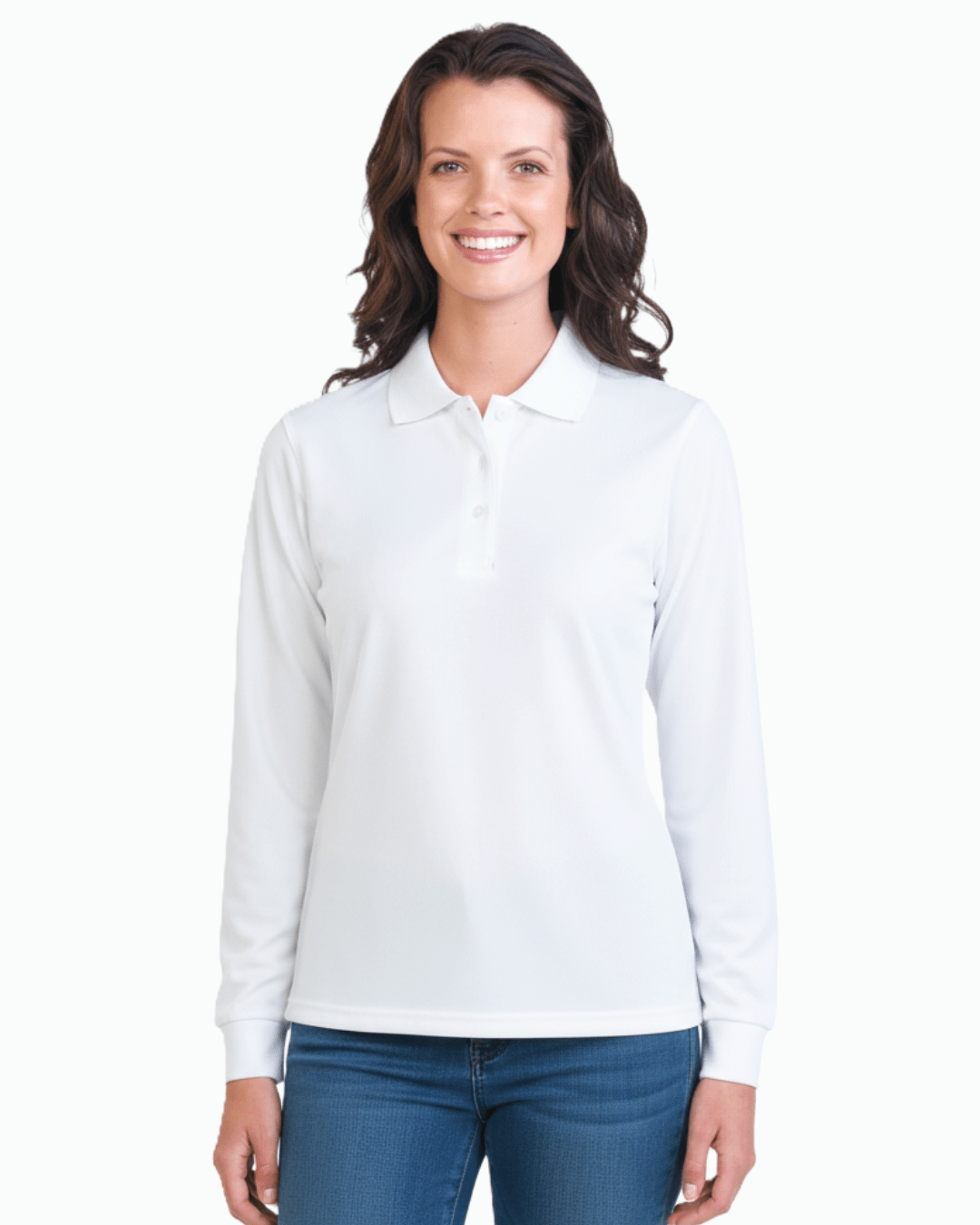 Woman wearing long sleeve UV protection polo shirt in white