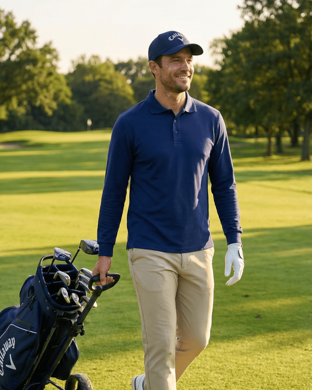 Man wearing long sleeve UV protection gold shirt standing on the golf course