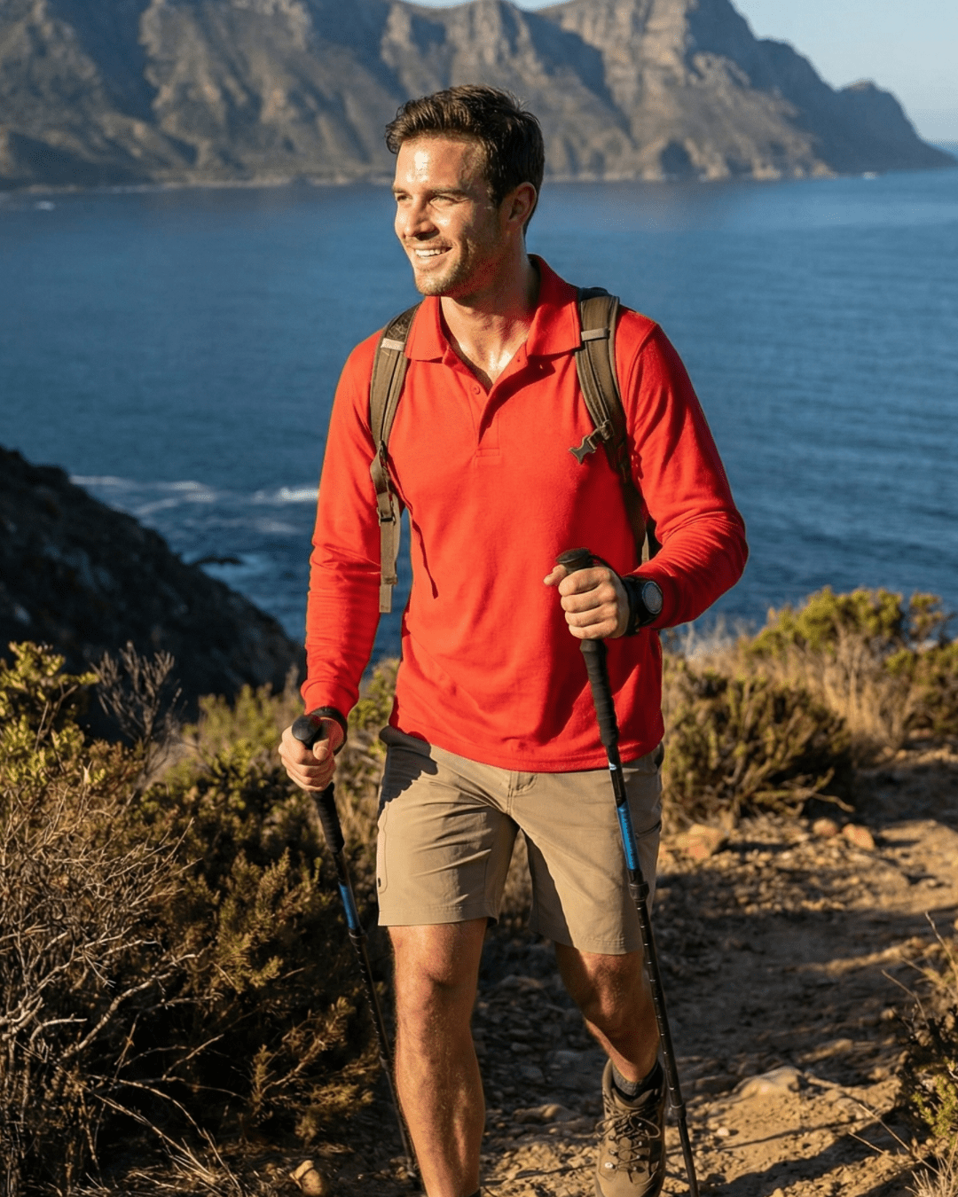 Man hiking in a red long sleeve UPF 50+ polo shirt 