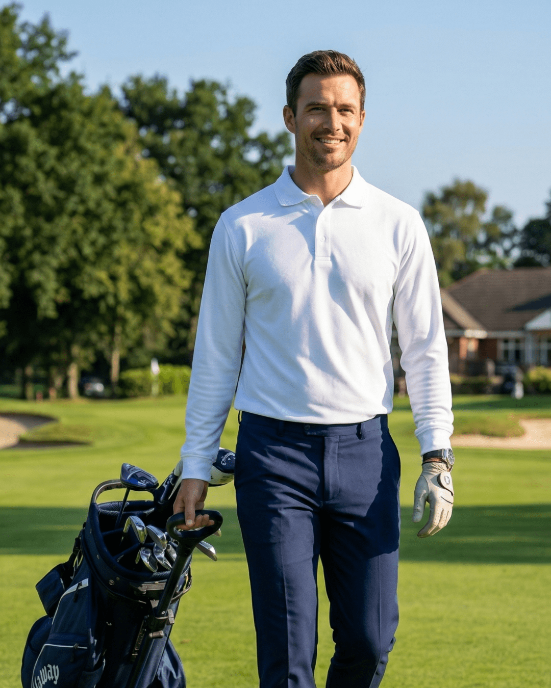 Man wearing UV protection long sleeve golf shirt in white whilst playing golf