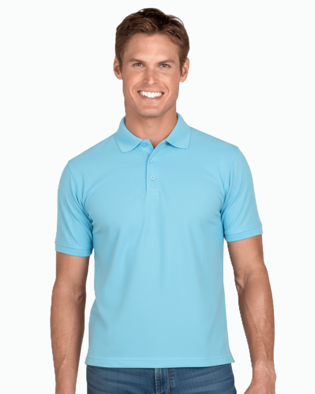 Man wearing a light blue UPF 50+ polo shirt on a white background