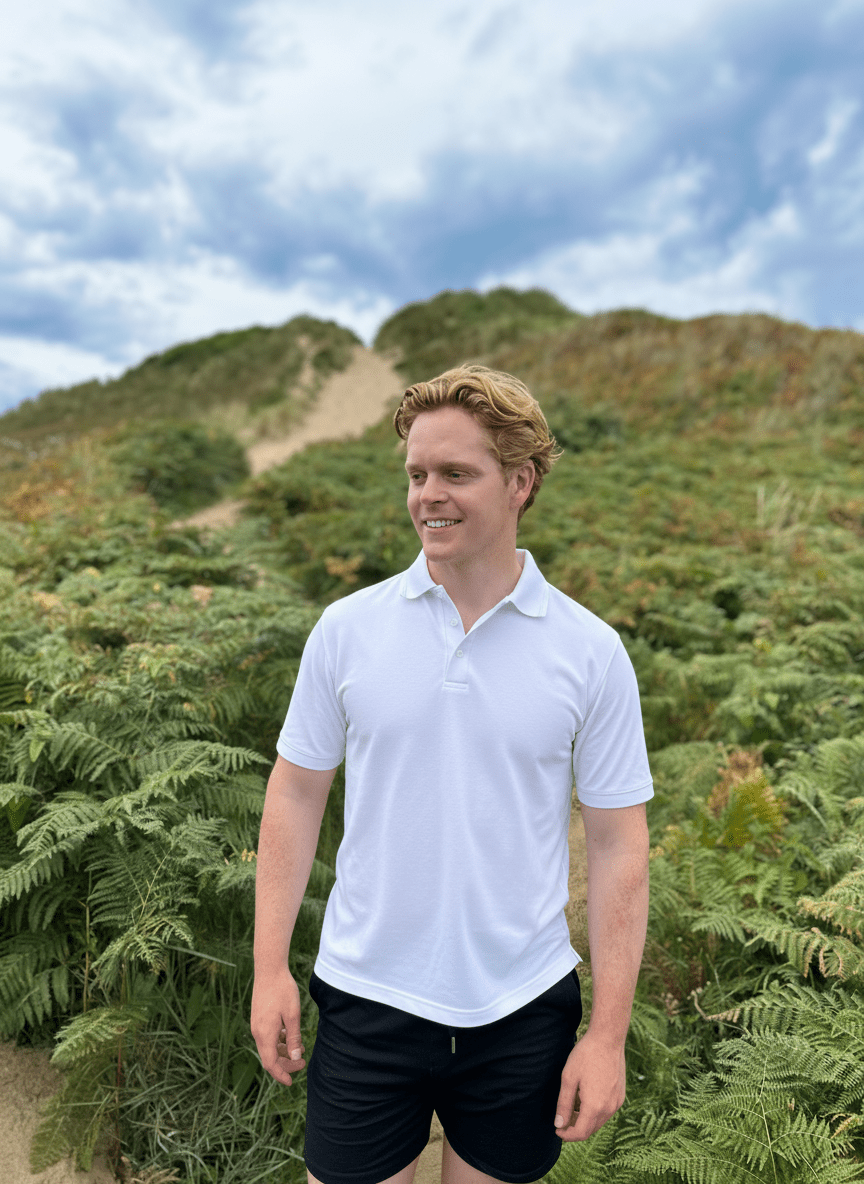 Man wearing a white sun protection golf polo shirt on sandy sand dunes