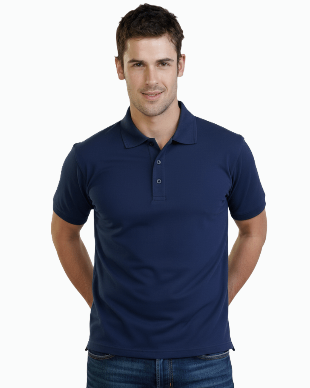 Man wearing a navy UPF 50+ blue polo shirt on a white background