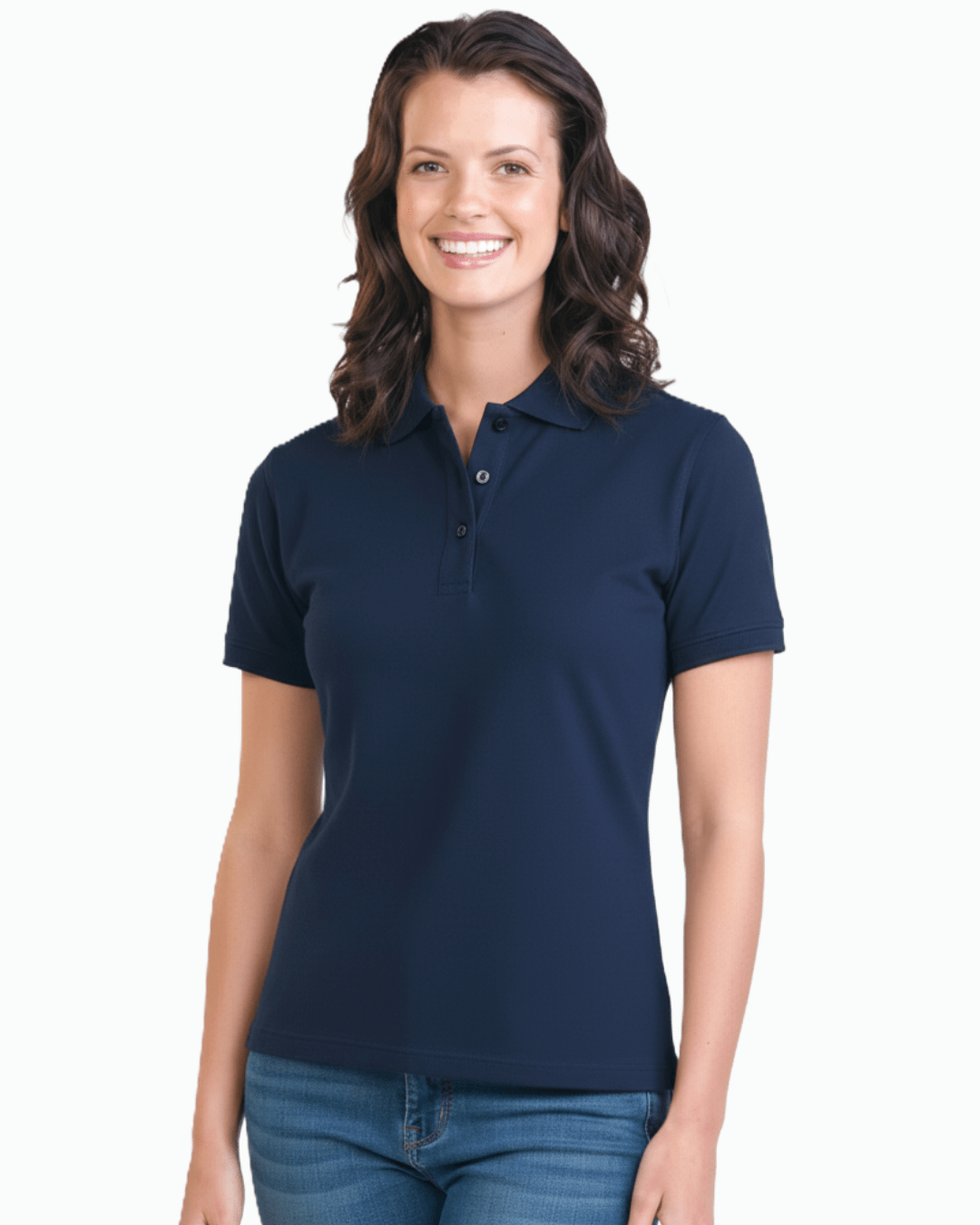 Woman wearing a navy UPF 50+ blue polo shirt on a white background