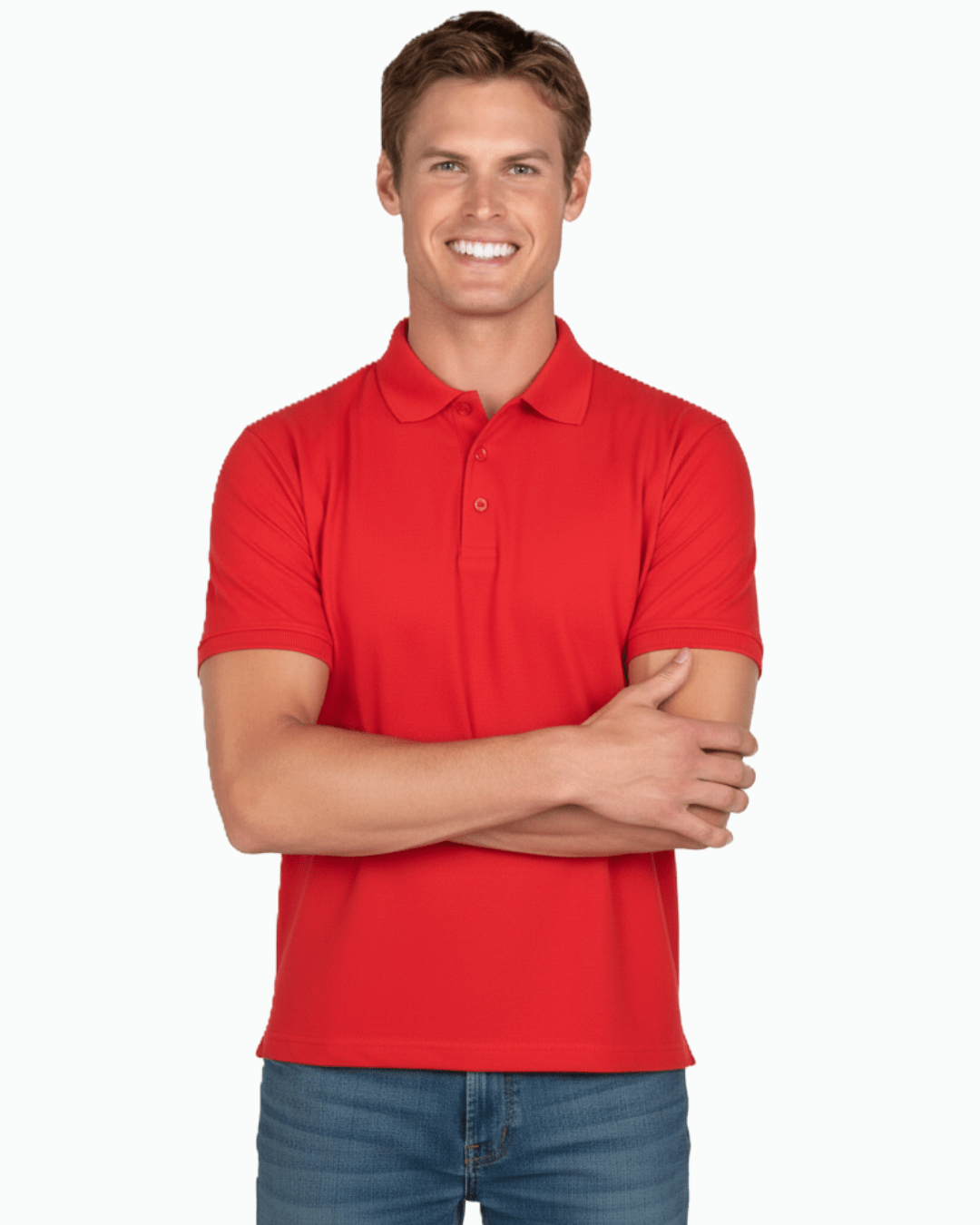 Man wearing a red UPF 50+ polo shirt on a white background
