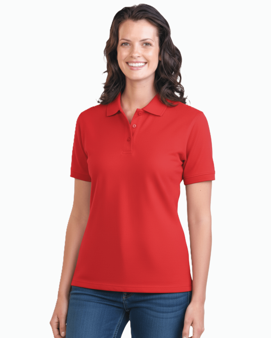 Woman wearing a red UPF 50+ polo shirt on a white background