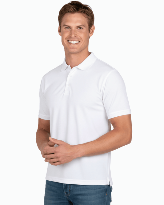 Man wearing a white UPF 50+ polo shirt on a white background
