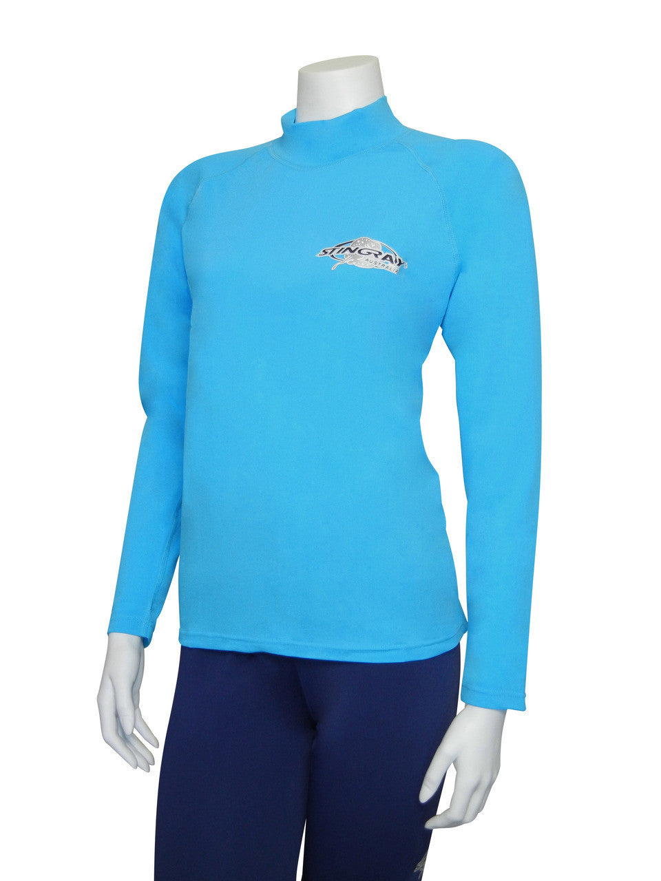 Stingray azure unisex long sleeve rash shirt with UPF 50+ sun protection, made from chlorine-resistant fabric for swimming and outdoor activities.