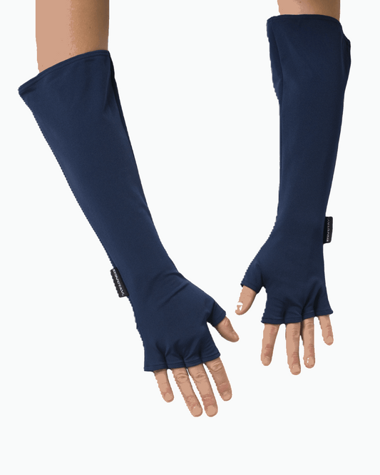 Person wearing navy blue fingerless sun protective UPF 50+ sleeves on a white background
