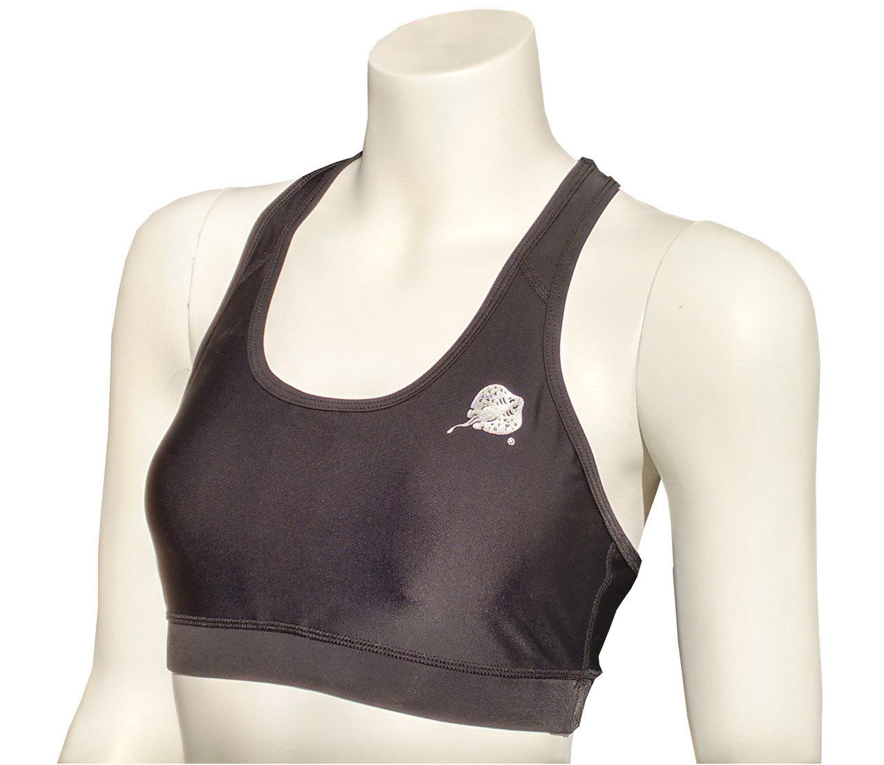 Black supportive Stingray Women's Sports Bra, offering UPF 50+ sun protection and a supportive fit.