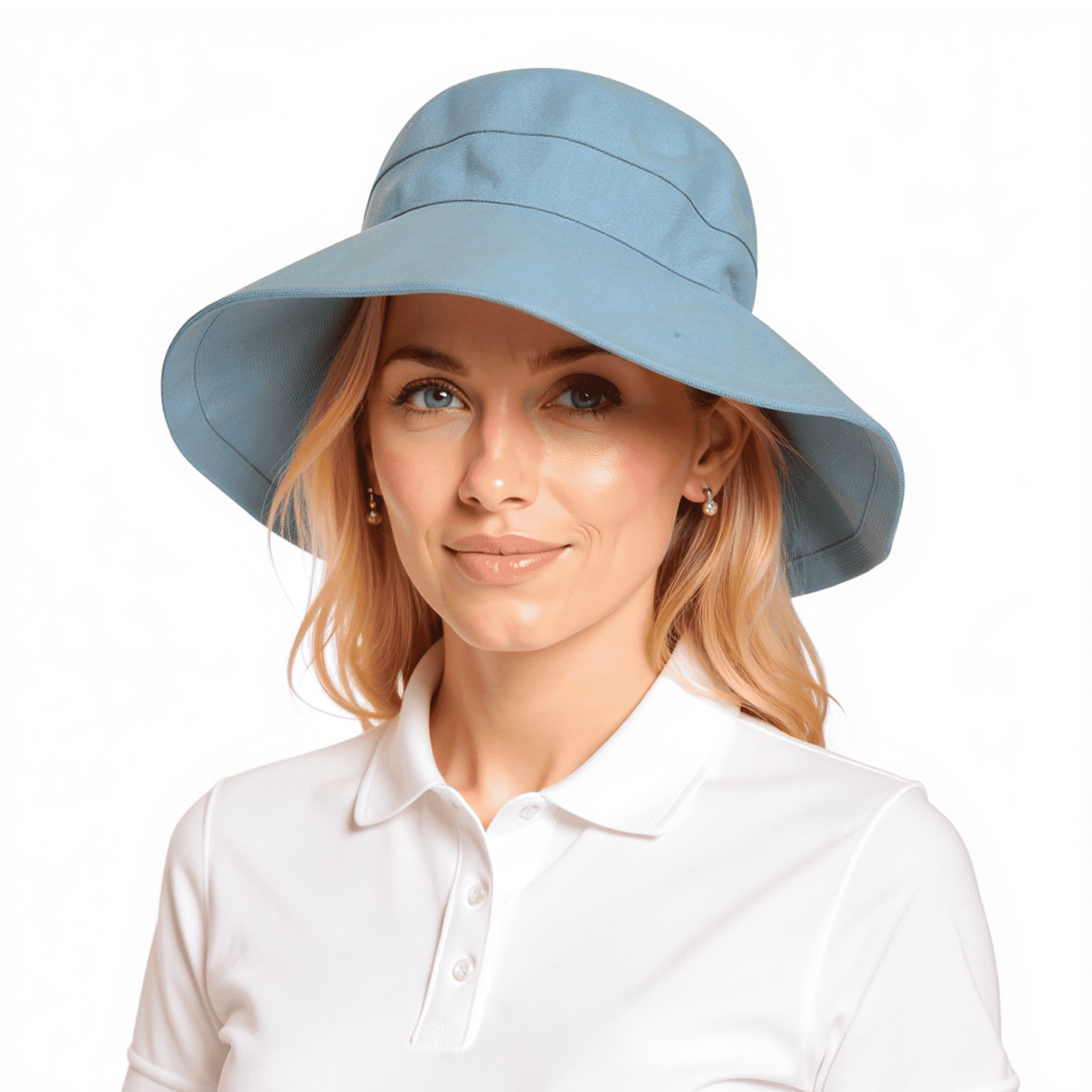 Side on image of model wearing light blue Stingray Women's Sun Hat with 4-inch wide brim and UPF 50+ sun protection. Fully-lined 100% cotton wide-brimmed sun hat with adjustable interior drawstring.