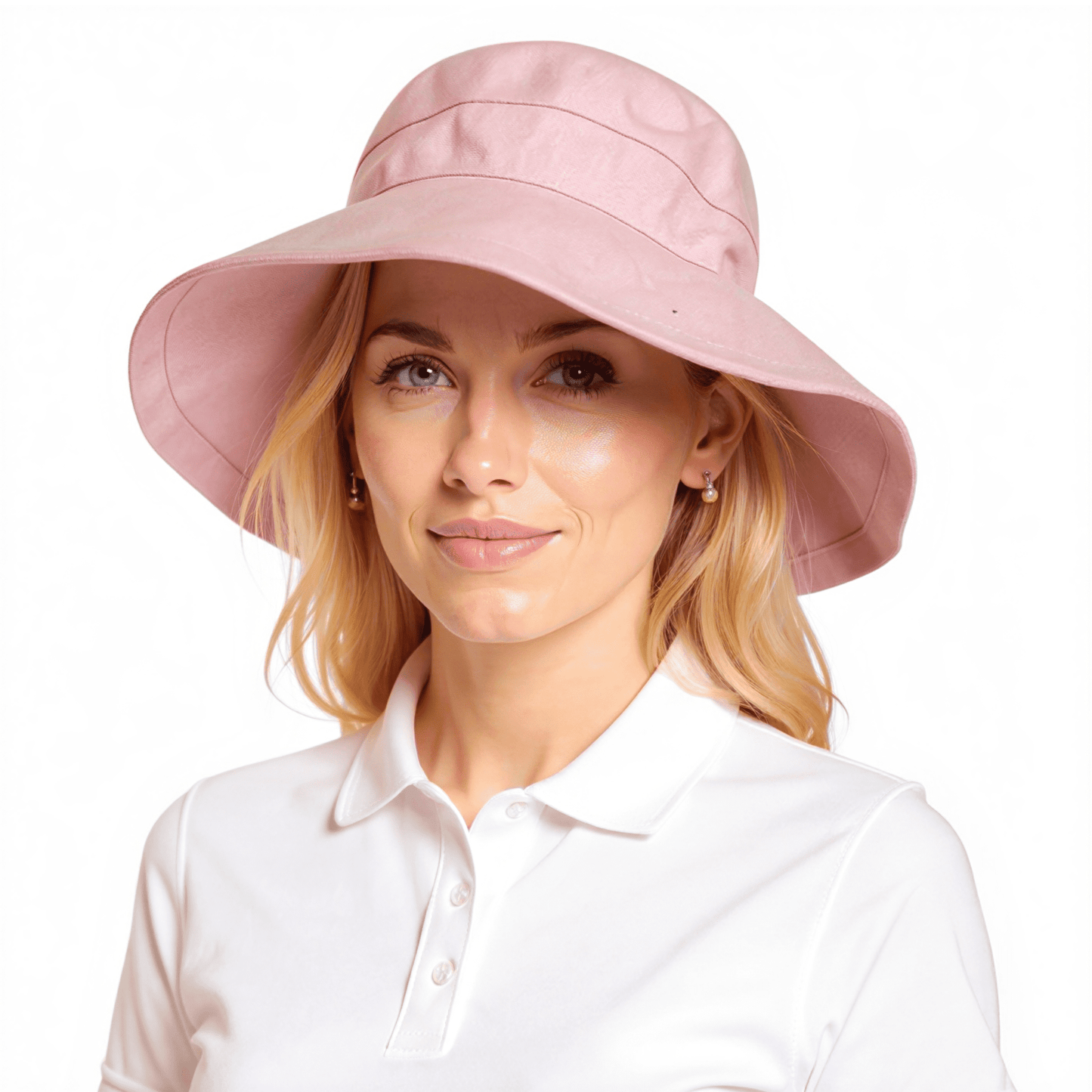 Side on model wearing light pink Stingray Women's Sun Hat with 4-inch wide brim and UPF 50+ sun protection. Fully-lined 100% cotton wide-brimmed sun hat with adjustable interior drawstring.