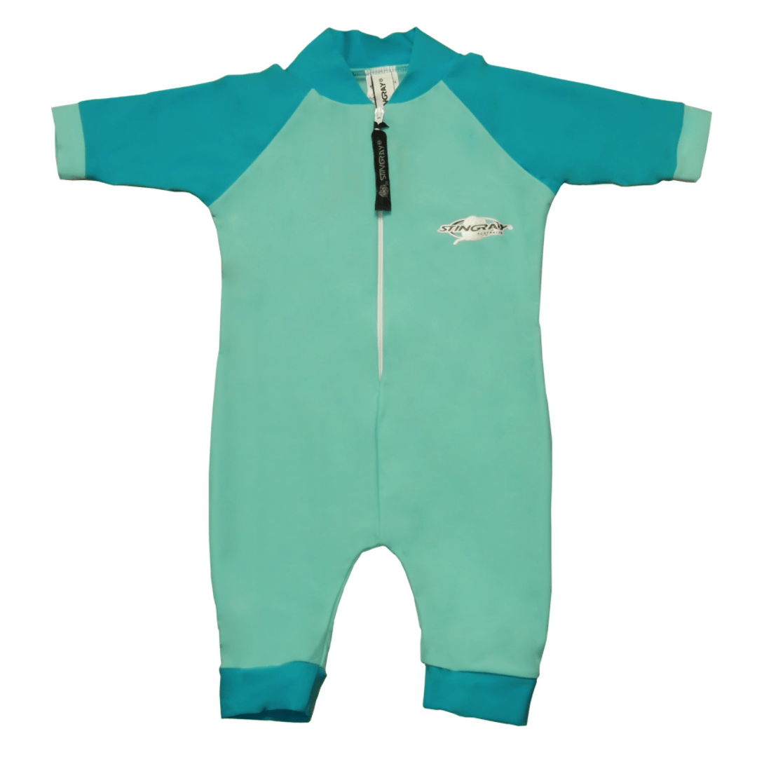 Aqua and topaz upf 50+ swimsuit UV with a zipper for boys and girls on a white background