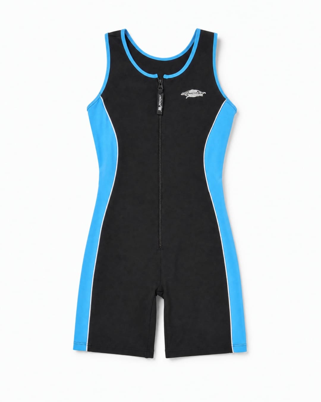 Flat lay of the Stingray Active UV Sunsuit in black / azure, in a studio