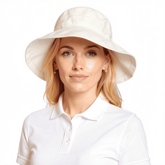 Model wearing white Stingray Women's Sun Hat with 4-inch wide brim and UPF 50+ sun protection. Fully-lined 100% cotton wide-brimmed sun hat with adjustable interior drawstring.