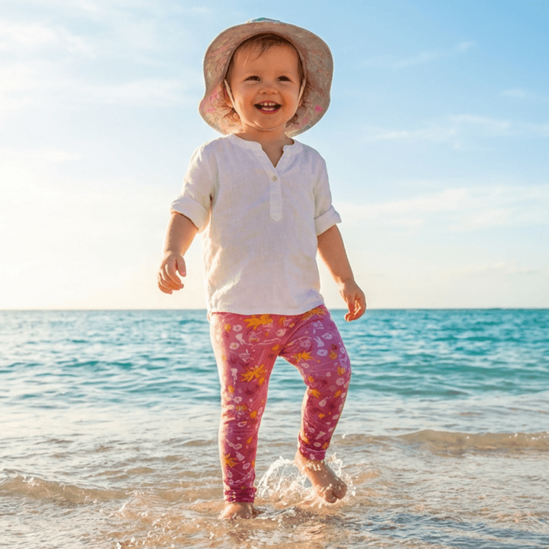 2 year old toddler wearing hawaii print uv swim leggings in the sea