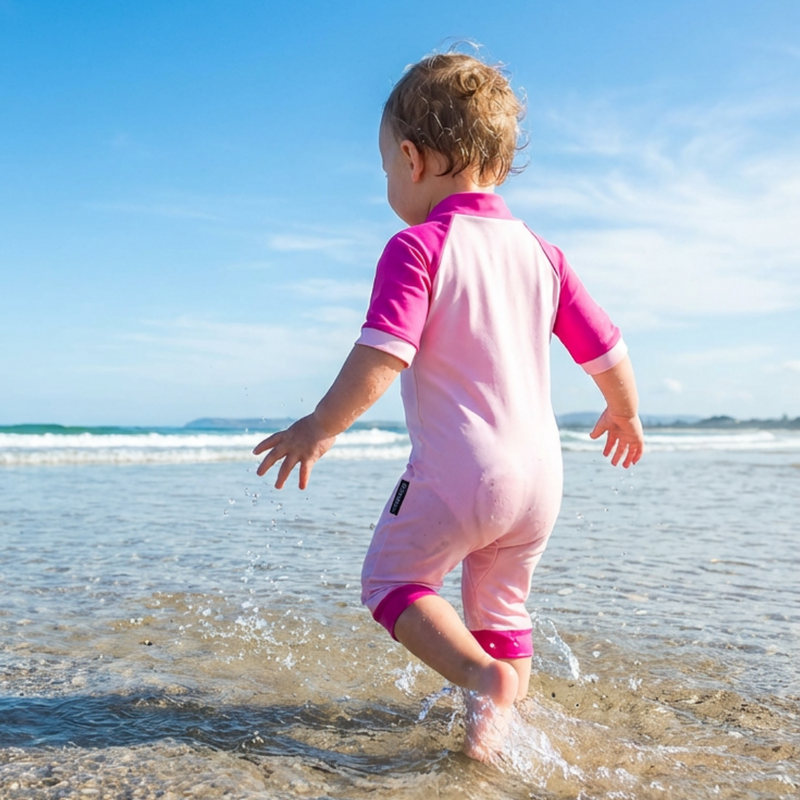 Baby/toddler wearing all-in-one uv swimsuit in the sea