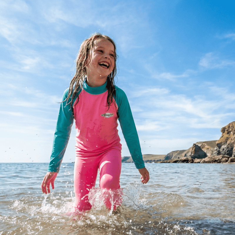 Child in a pink and teal UV swim shirt playing in shallow water at the beach.