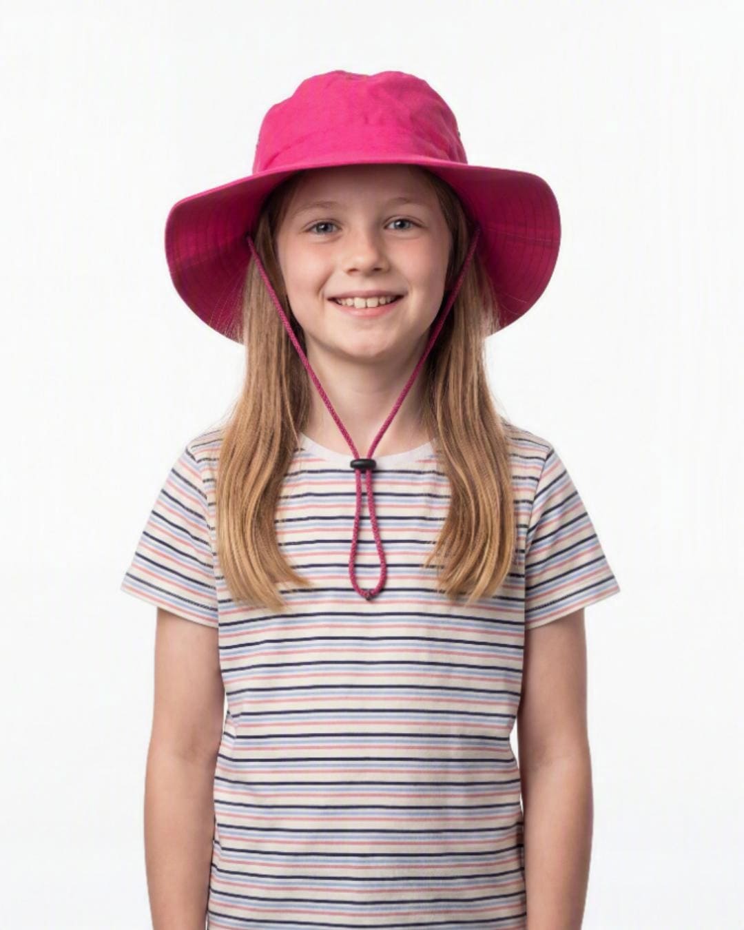 Wallaroo cricket hat on model 8 year old purple/pink
